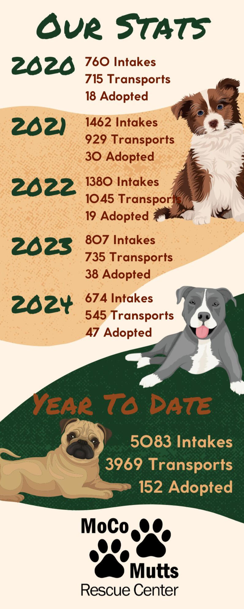 2020 recap. 760 total animals taken in: 715 transported for adoption, 18 local adoptions, 14 return to owner, 6 losses. 517 strays, 229 surrenders, 14 officer aided. 640 dogs, 115 cats, 4 rabbits, 1 goat.
